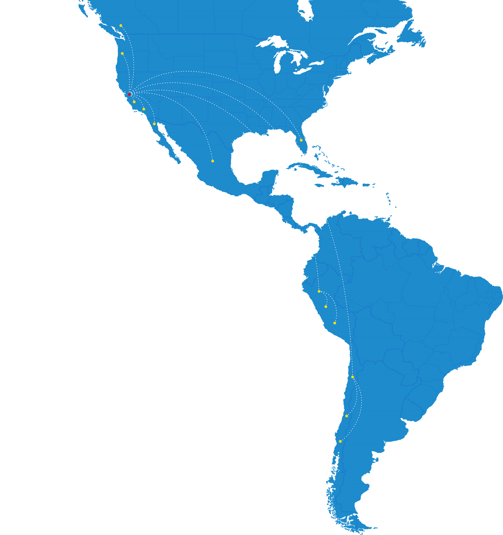 Map of the Americas showing Blazer Wilkinson farm locations